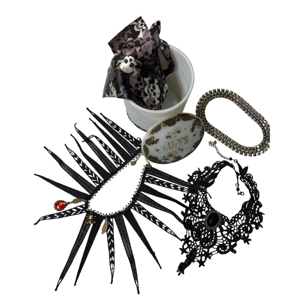 Antique Victorian Milk Glass Cuffs Jar 1899 & Gothic Jewelry Set